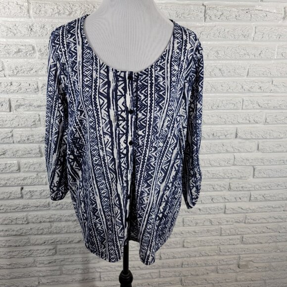 Notations Womens Top 2X Plus Roll Tab Sleeve Blue Geometric Button Up GEO220E - Picture 1 of 10